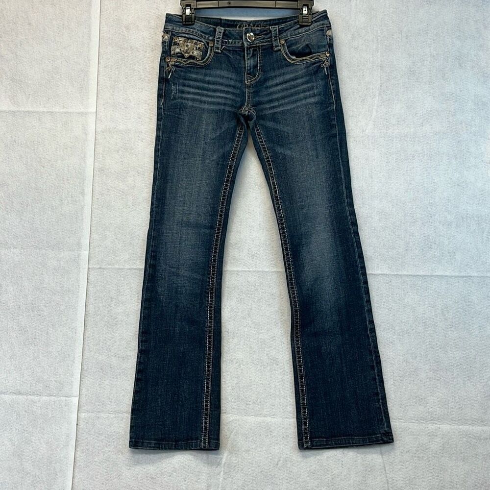GRACE in LA Jeans Womens Sz 27 Blue Denim Stretch‎ Rhinestone Bootcut Stone Wash